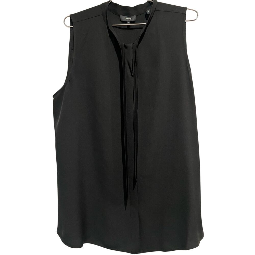 Theory Silk Sleeveless Blouse Large Black Tie Neck Covered Placket Top Jazlina